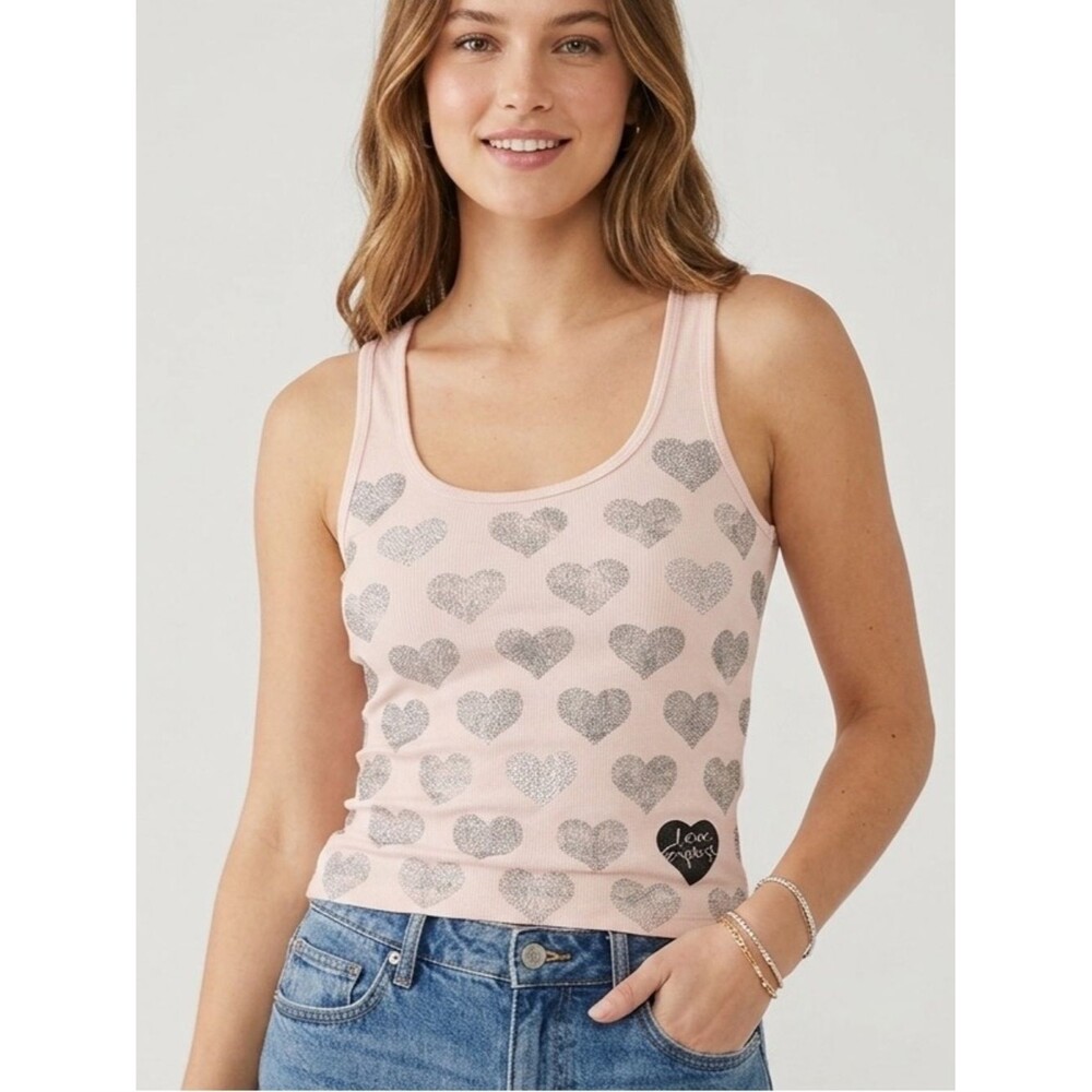 Express Sexy Basic Tank Top XS Peach Pink Silver Glitter Heart Ribbed Knit EUC